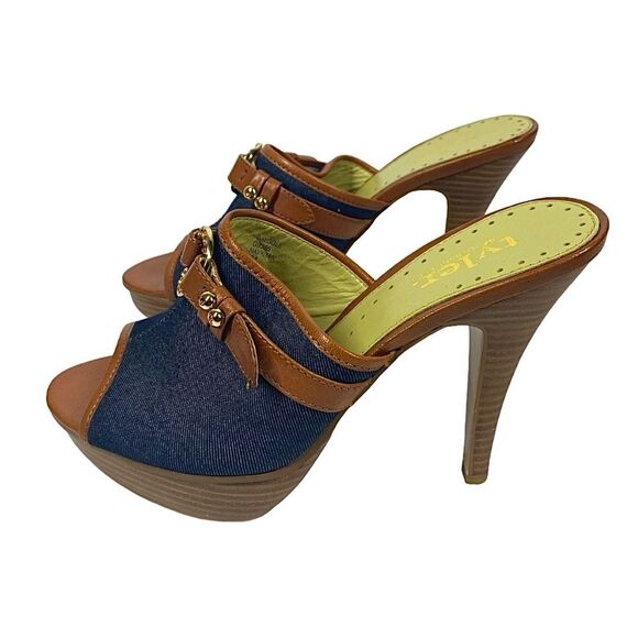 Platform Heels Size 9M | Blue Denim & Tan Slip-On | 5.5” Heel - Picture 6 of 11